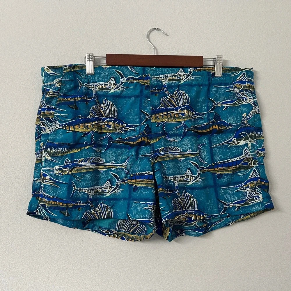 Kahala Hawaiian Islands Mens M Teal Marlin Fish Print Swim Trunks Board Shorts